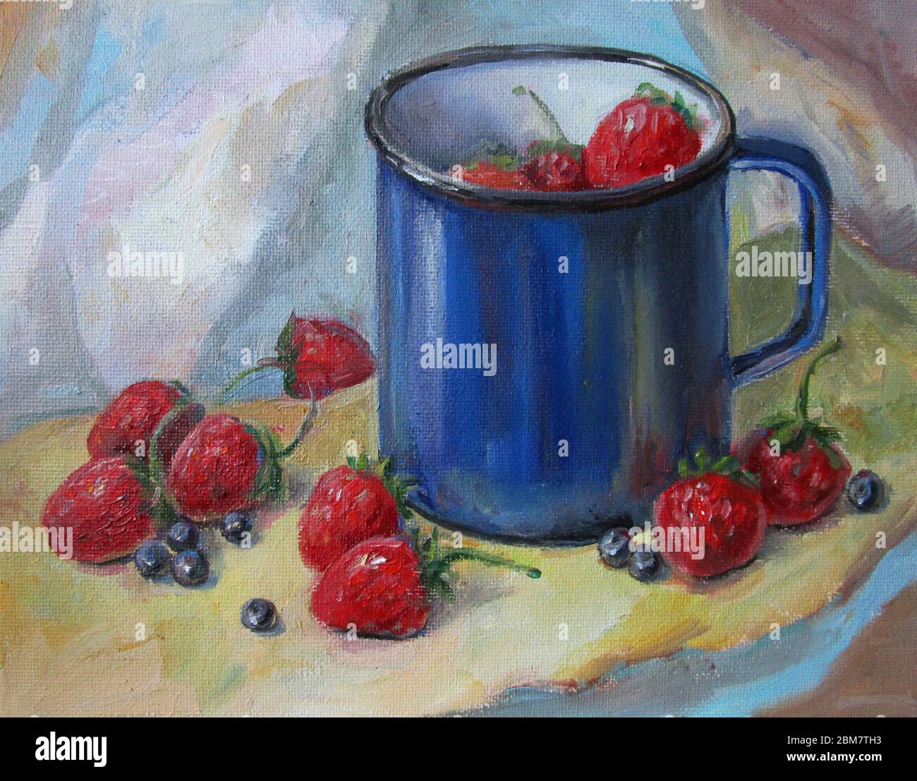 Una tazza blu di fragole, dipinto ad olio Foto Stock