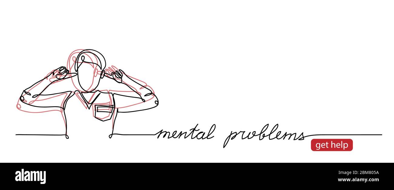 Disturbo mentale, problemi vettore web banner. Semplice sfondo, pulsante di aiuto. Dividi schizzo della personalità, illustrazione. Problemi mentali Lettering Illustrazione Vettoriale
