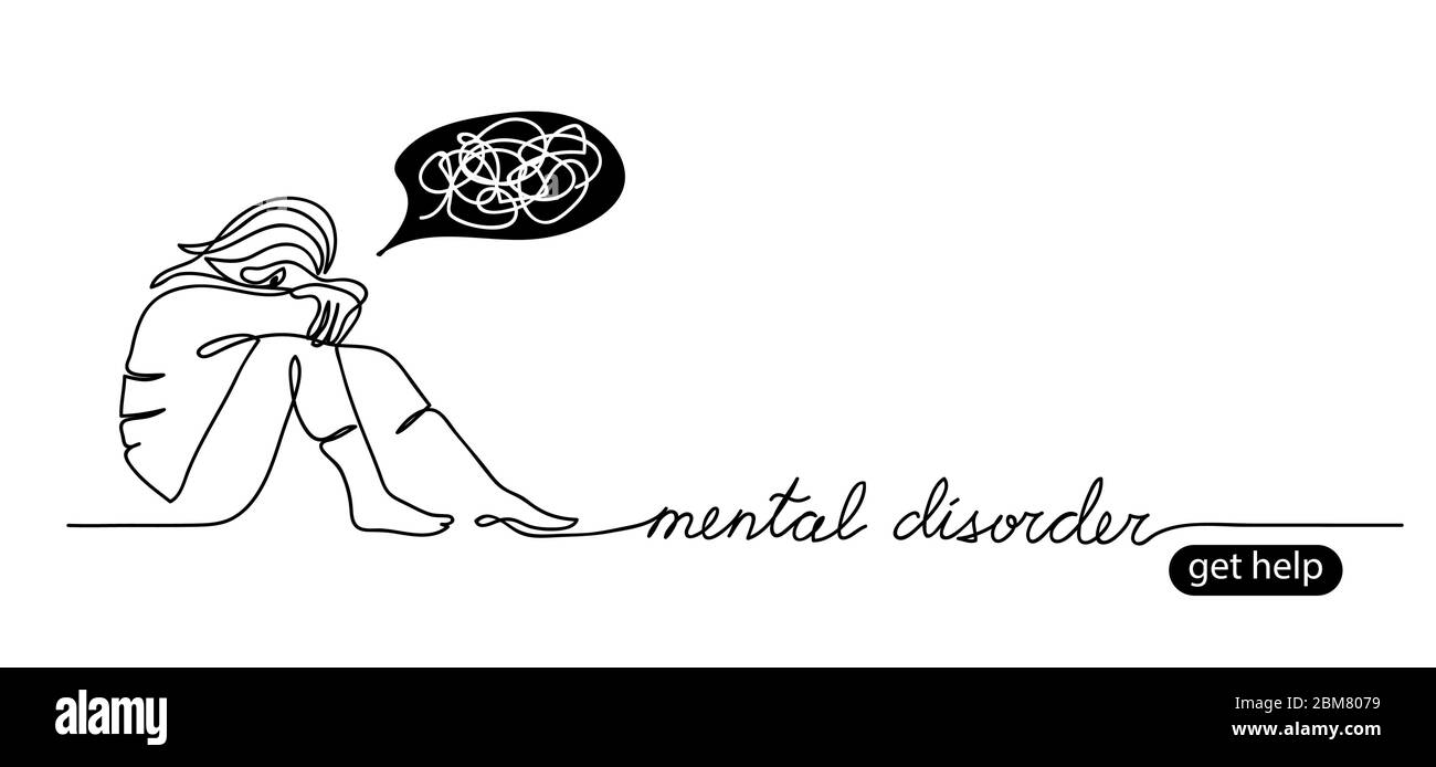 Psicologo sostegno semplice vettore sfondo, banner web. Pulsante Richiedi assistenza. Illustrazione di schizzo minima. Lettere di disturbo mentale Illustrazione Vettoriale