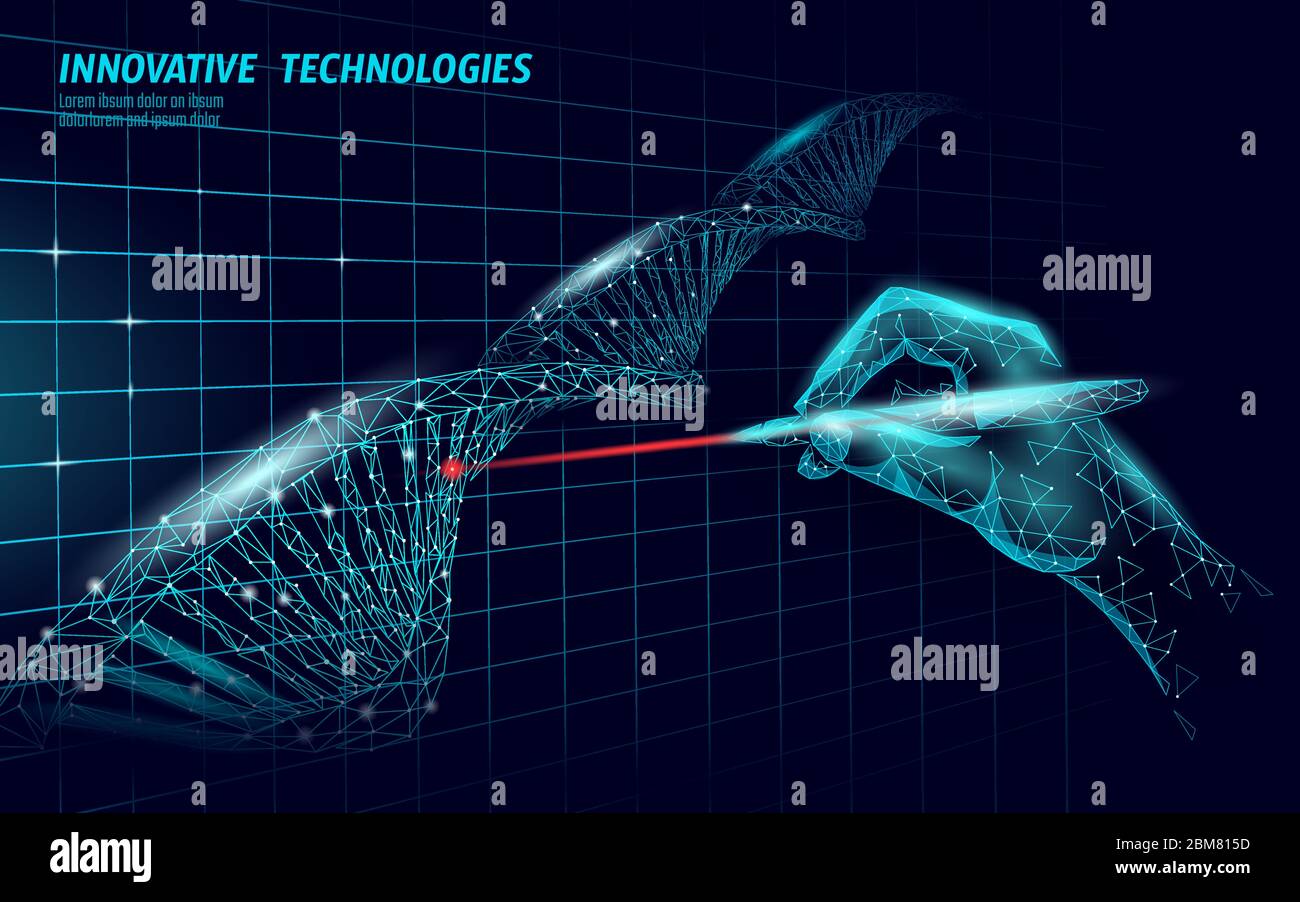 Gene terapia DNA 3D struttura molecola chimica bassa poli. Parte di vaccino poligonale per coronavirus. Vettore di ingegneria del genoma della medicina dell'innovazione Illustrazione Vettoriale