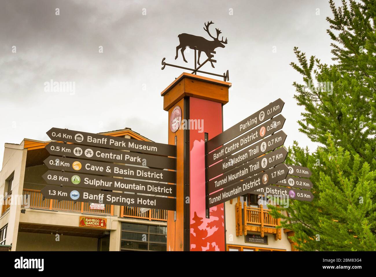 BANFF, AB, Canada - Giugno 2018: informazioni turistiche segno indicante la direzione per le attrazioni locali a Banff. Foto Stock