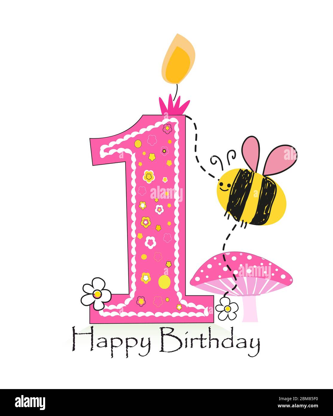 Felice candela di primo compleanno. Biglietto di auguri per bambina con sfondo vettoriale a margherita e ape Illustrazione Vettoriale