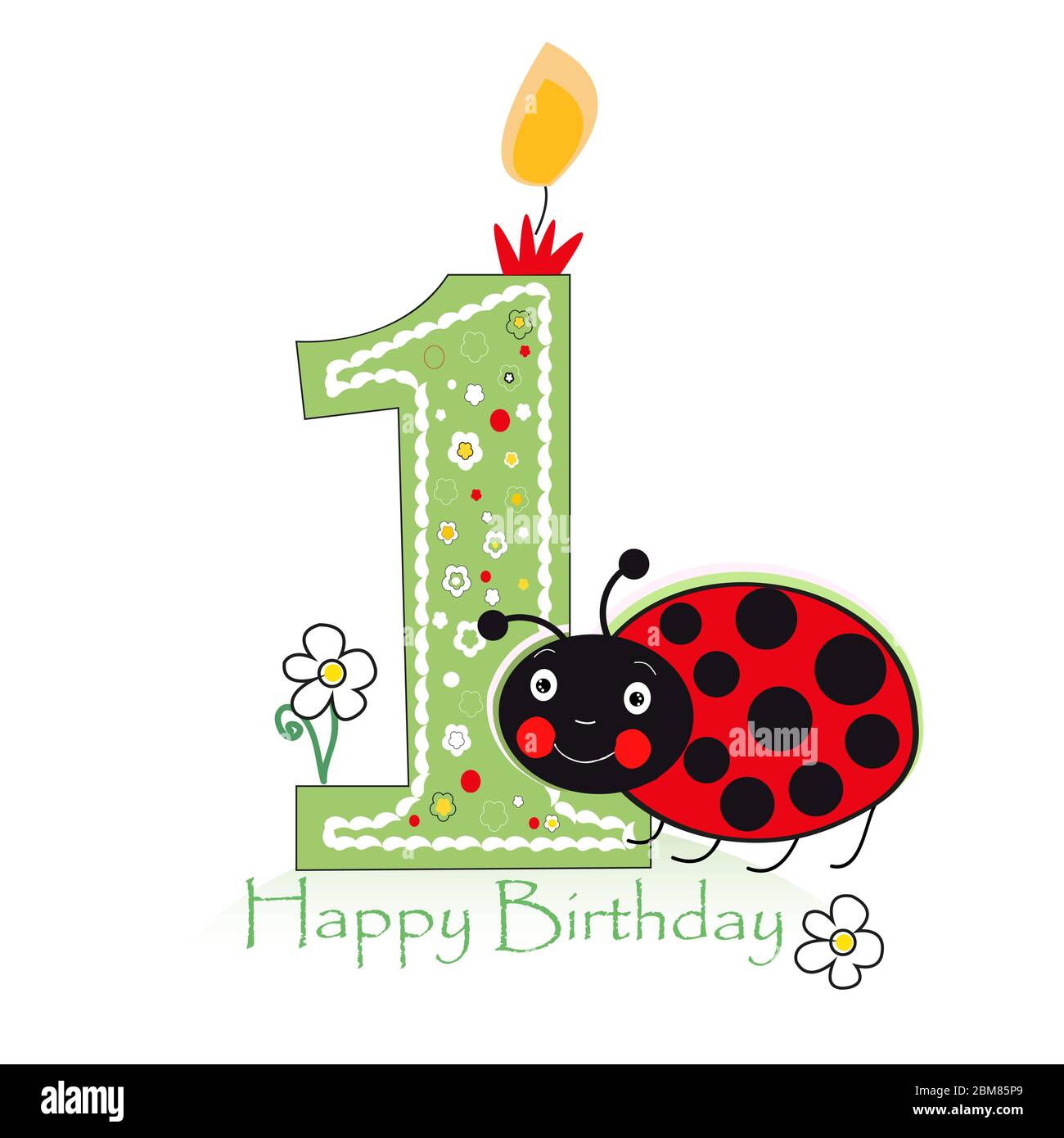 Felice candela di primo compleanno. Biglietto di auguri per bambini con  ladybird compleanno ladybird e vettore daisy Immagine e Vettoriale - Alamy
