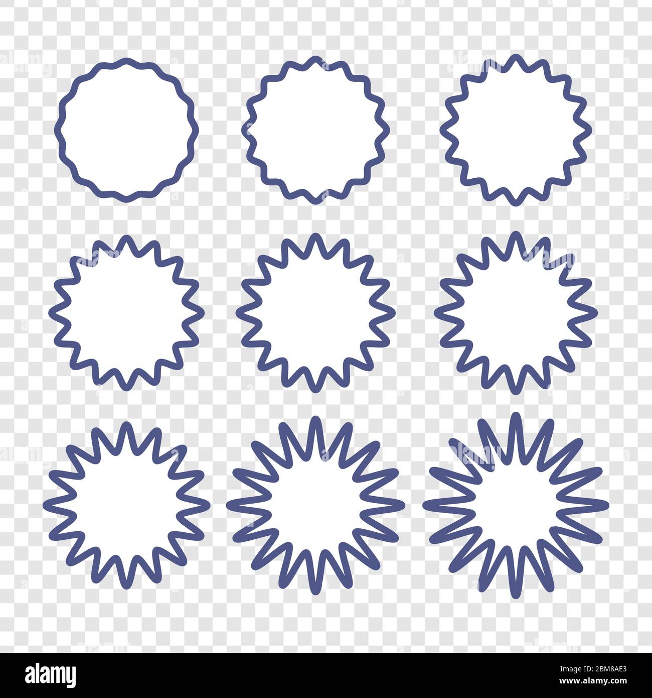 Set di badge - Grande set di cornici vettoriali per la progettazione. Linee di forma d'onda circolari e linee di pattern a zigzag ondulato. Contorni blu vettoriali, arrotondati e curvilinei Illustrazione Vettoriale