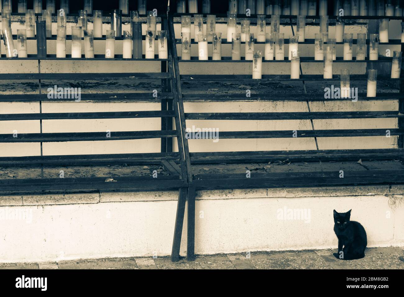 Candele di auguri di un eremo di Jaén con un gatto nero che li custodisce Foto Stock