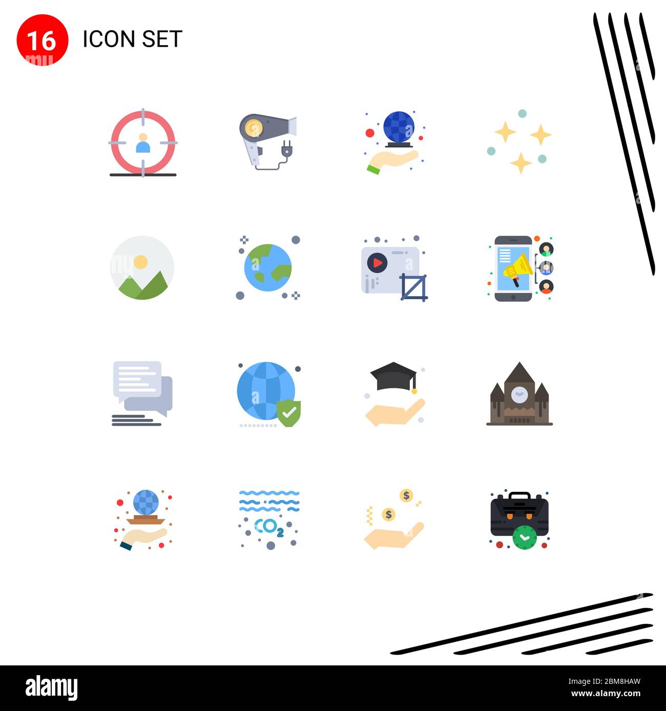 Set di 16 icone moderne dell'interfaccia utente simboli per rotondo, immagine, globale, stelle, SKY pacchetto di elementi Creative Vector Design Illustrazione Vettoriale