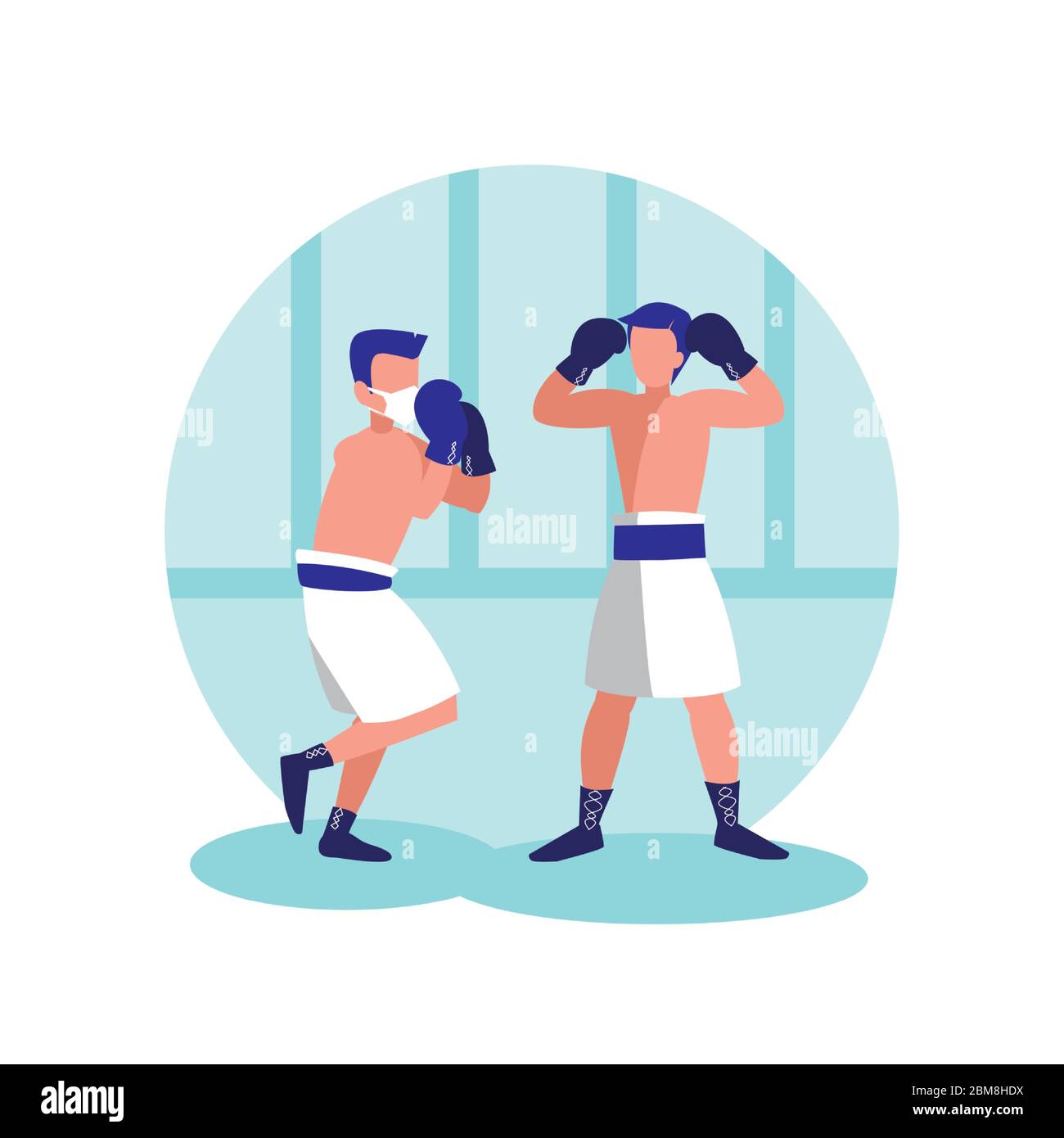 Uomini con maschera boxing a casa progettazione di Covid 19 tema virus illustrazione vettoriale Illustrazione Vettoriale