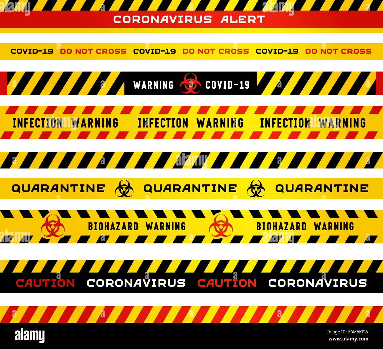 Nastro adesivo per strisce di avvertenza di quarantena per coronavirus isolato su sfondo bianco. I segni neri e gialli avvertono di pericolo biologico e della pandemia del covid-1 Illustrazione Vettoriale
