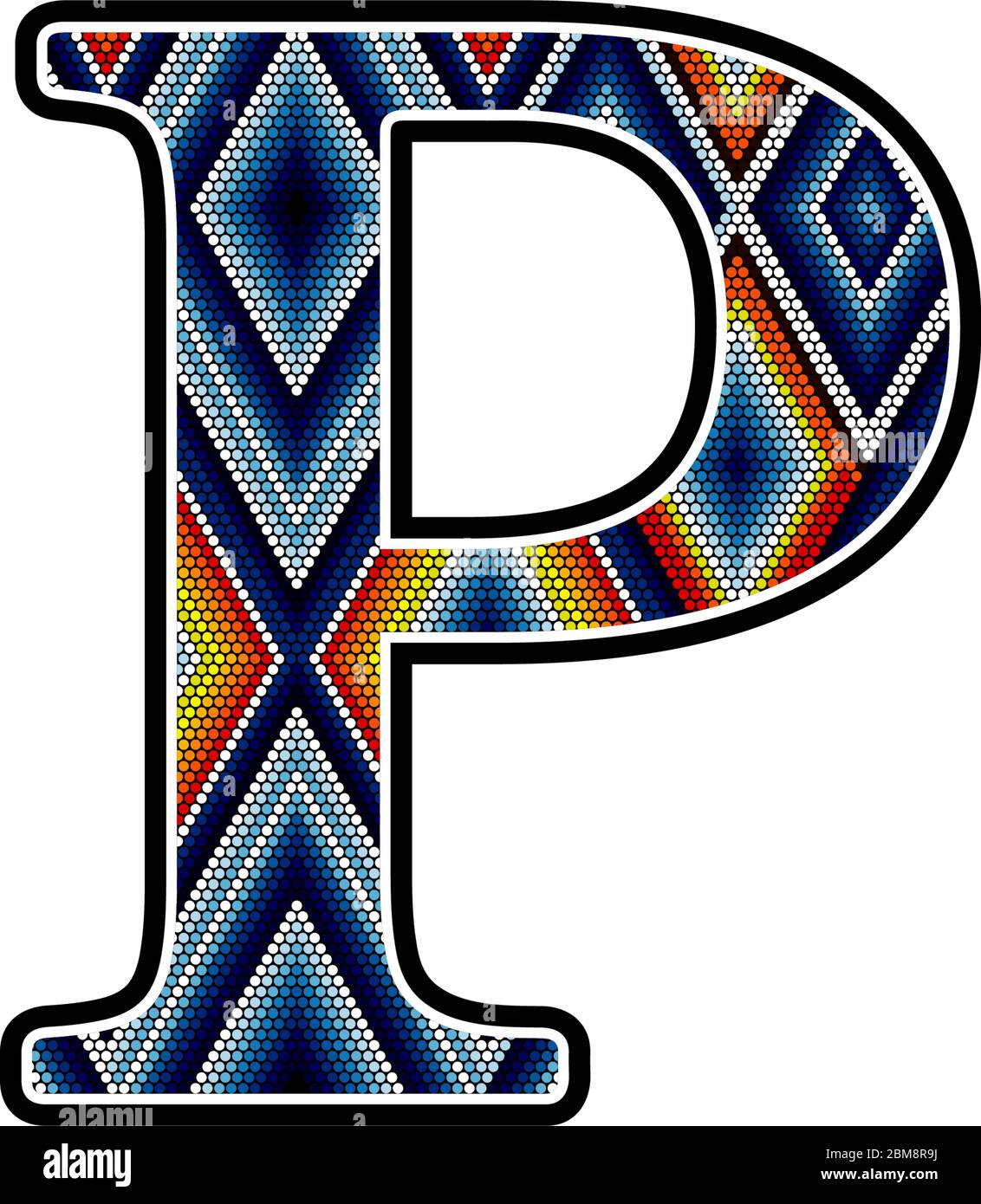 Lettera maiuscola iniziale P con punti colorati design astratto ispirato in stile messicano huichol arte. Isolato su sfondo bianco Illustrazione Vettoriale