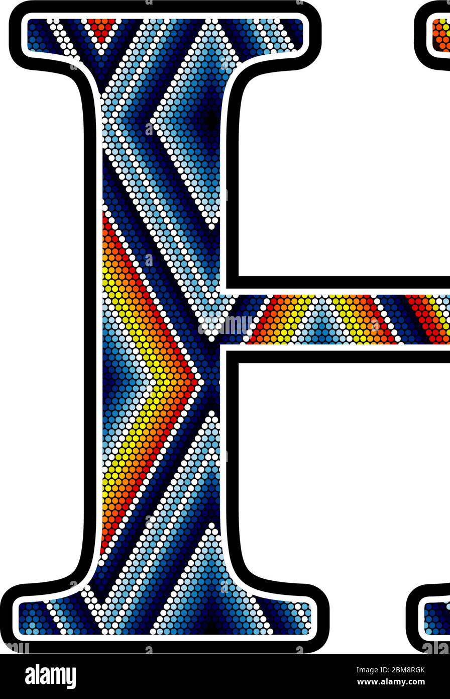 Lettera maiuscola iniziale H con punti colorati design astratto ispirato in stile messicano huichol arte. Isolato su sfondo bianco Illustrazione Vettoriale