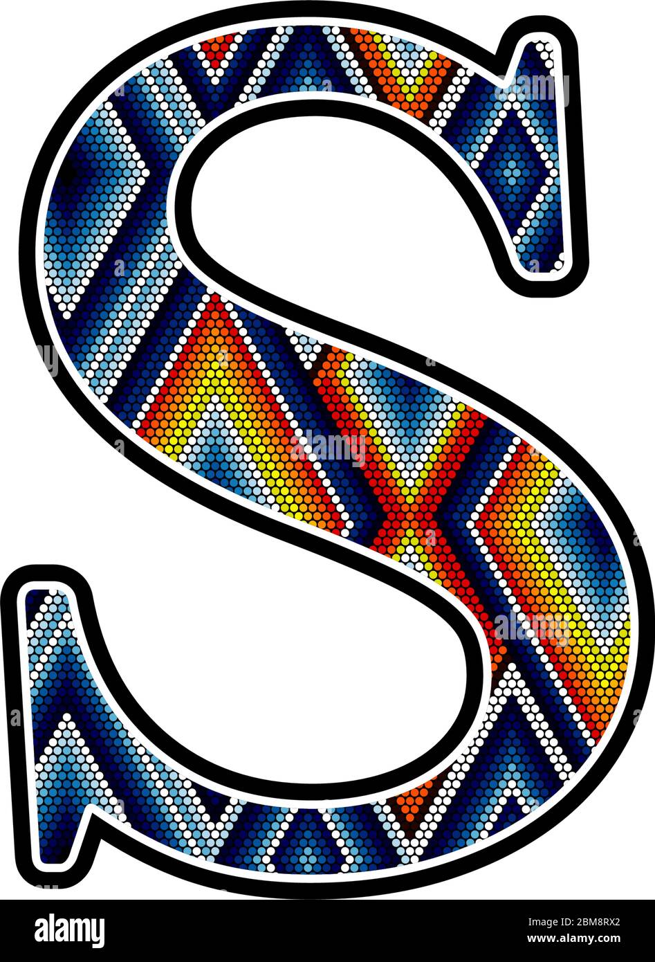 Lettera maiuscola iniziale S con punti colorati design astratto ispirato in stile messicano huichol arte. Isolato su sfondo bianco Illustrazione Vettoriale