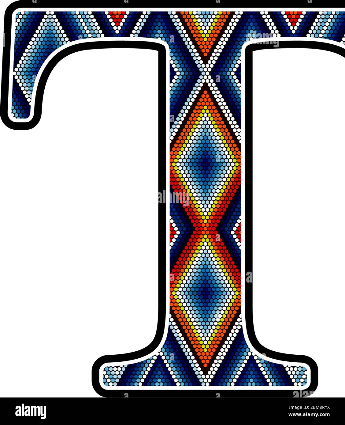 Lettera maiuscola iniziale T con punti colorati design astratto ispirato in stile messicano huichol arte. Isolato su sfondo bianco Illustrazione Vettoriale