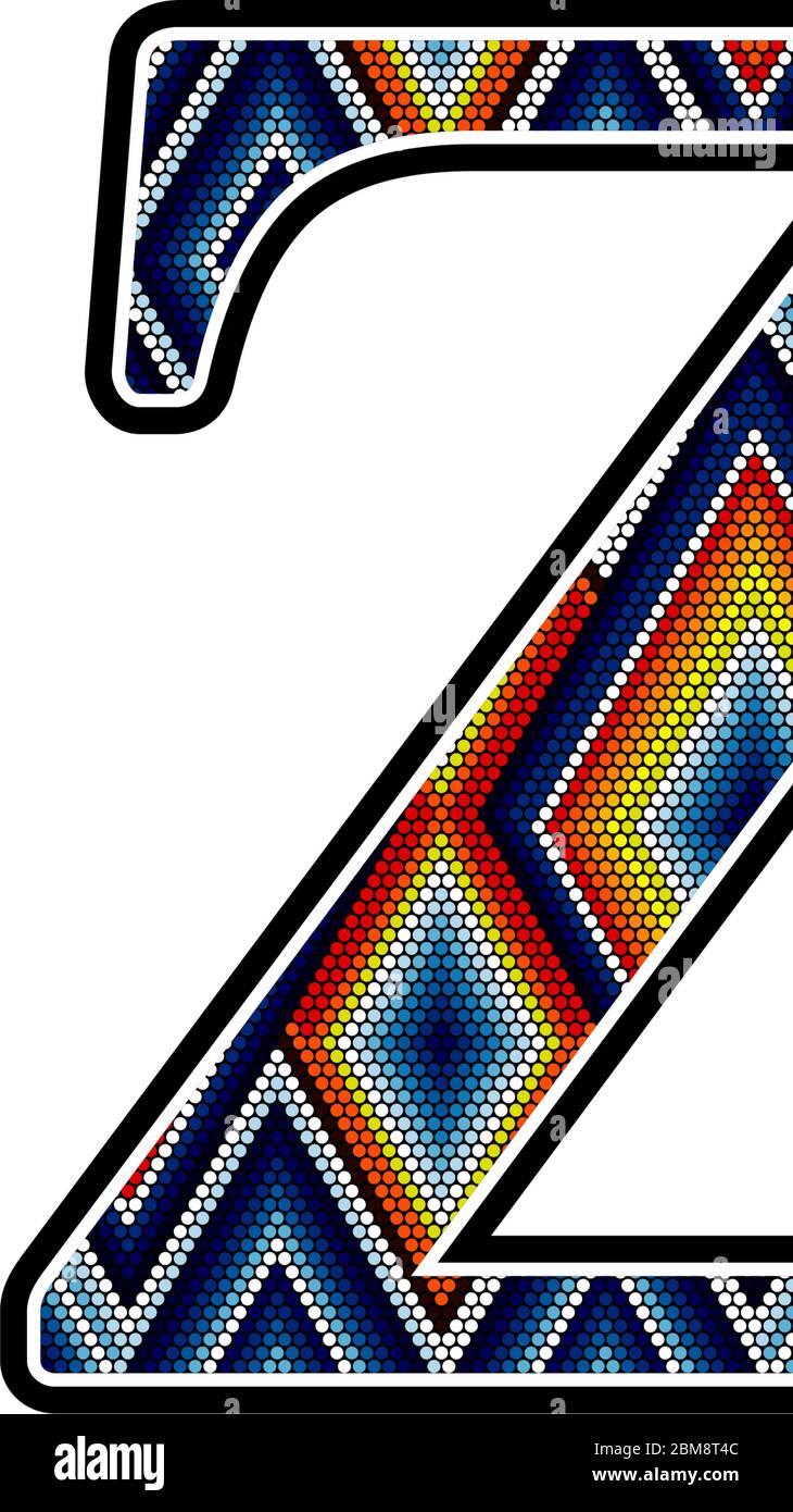 Lettera maiuscola iniziale Z con punti colorati design astratto ispirato in stile messicano huichol arte. Isolato su sfondo bianco Illustrazione Vettoriale
