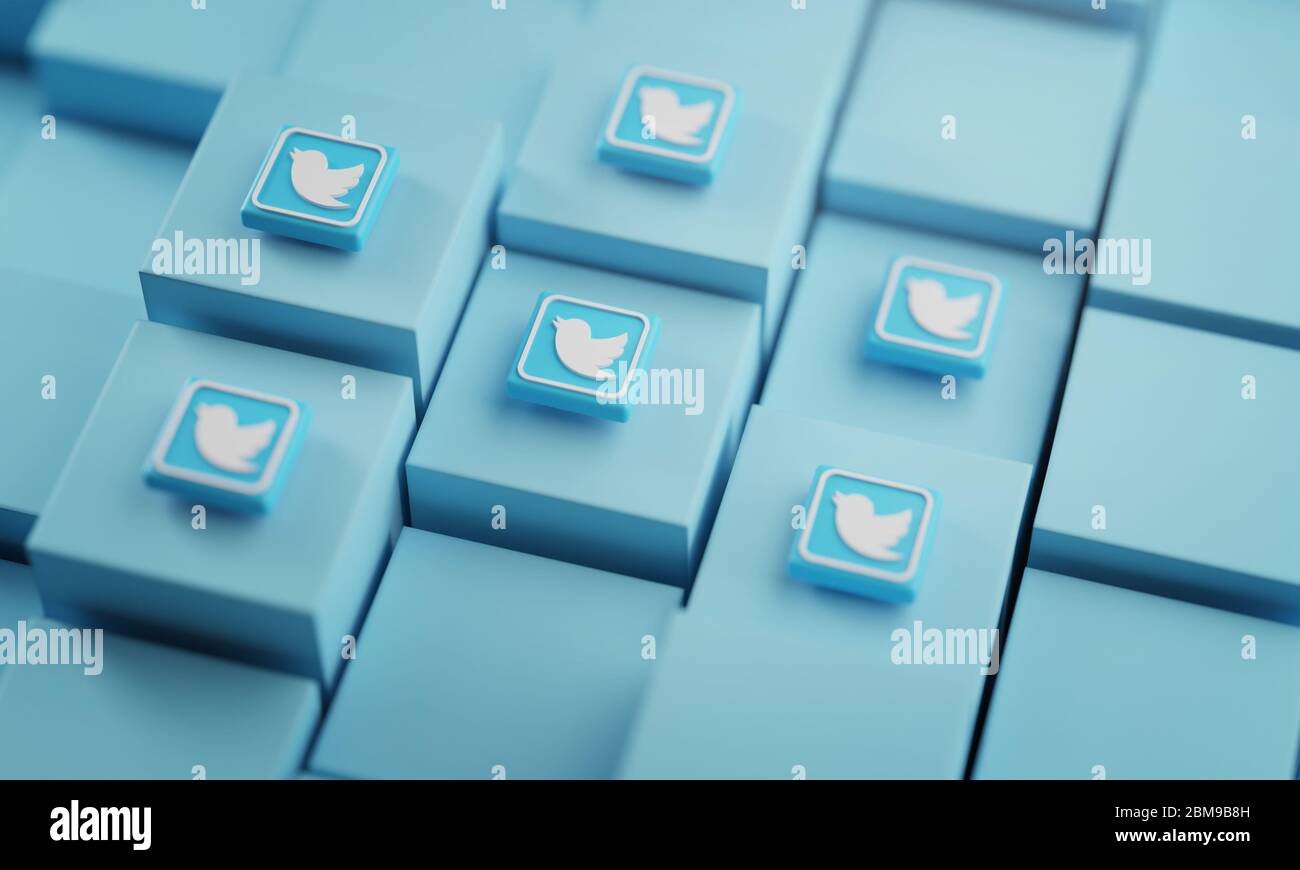 Logo Twitter sui cubi. Rendering 3D sfondo dei social media Foto Stock