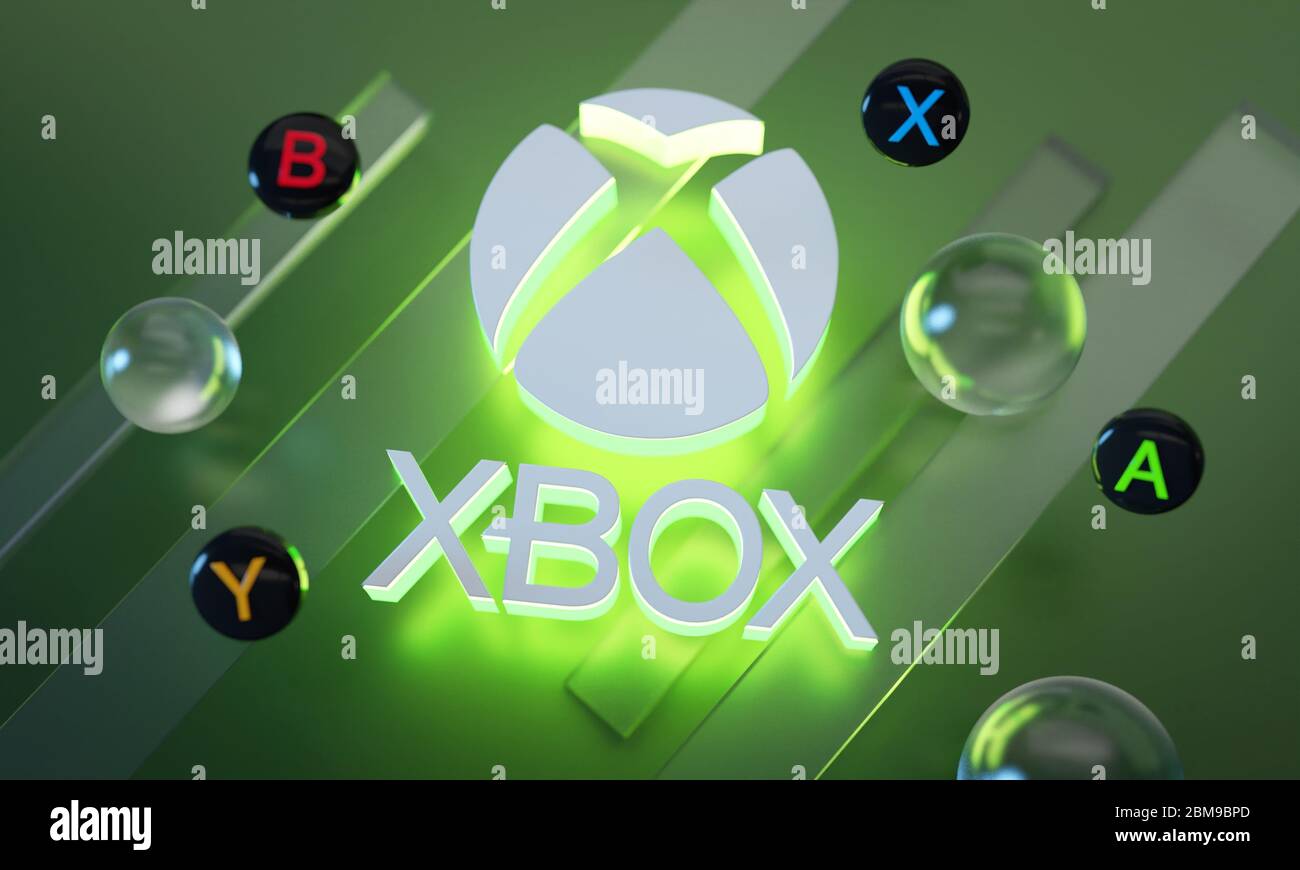 Xbox Series X Logo Glow intorno al pulsante joystick su sfondo verde Foto  stock - Alamy