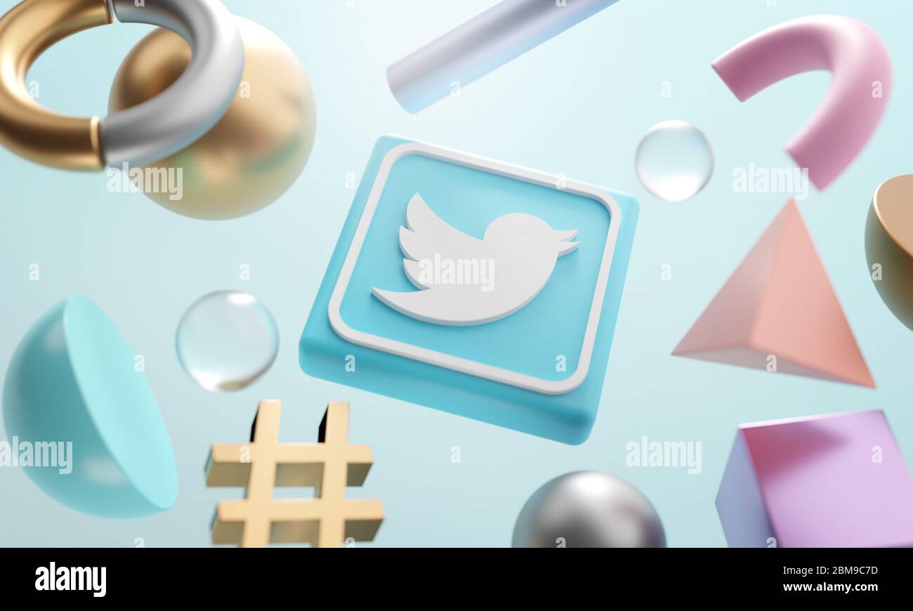 Logo Twitter intorno al rendering 3D Abstract Shape background Foto Stock