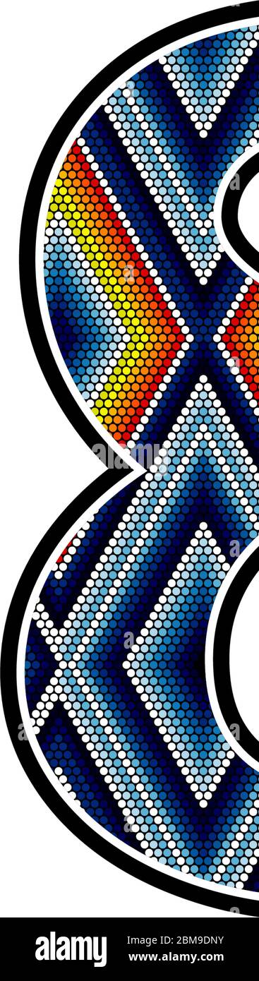 numero 8 con coloratissimi punti di design astratto ispirato in stile artistico messicano huichol isolato su sfondo bianco Illustrazione Vettoriale
