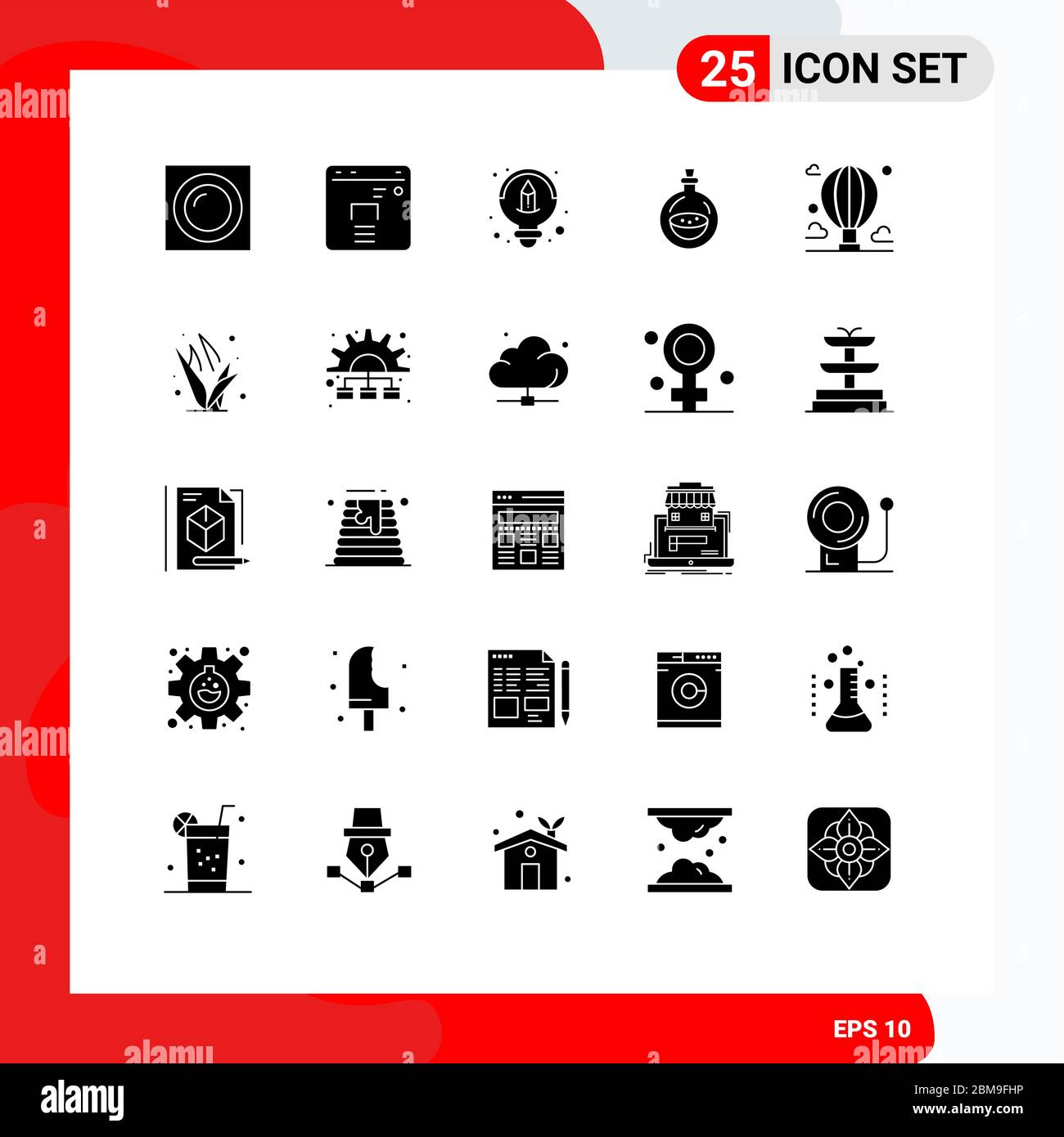 Set moderno di 25 glifi solidi e simboli come montagna, palloncino, design, avventura, toilette Editable Vector Design Elements Illustrazione Vettoriale