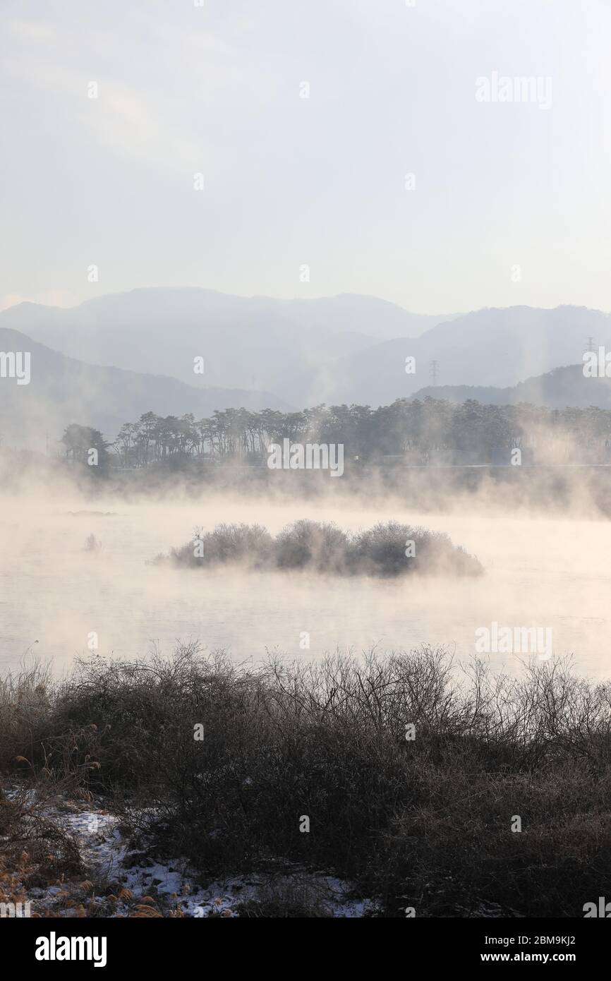 Inverno mattina paesaggio di acqua fiume nebby. Fiume Sohang, Chuncheon City, Corea Foto Stock