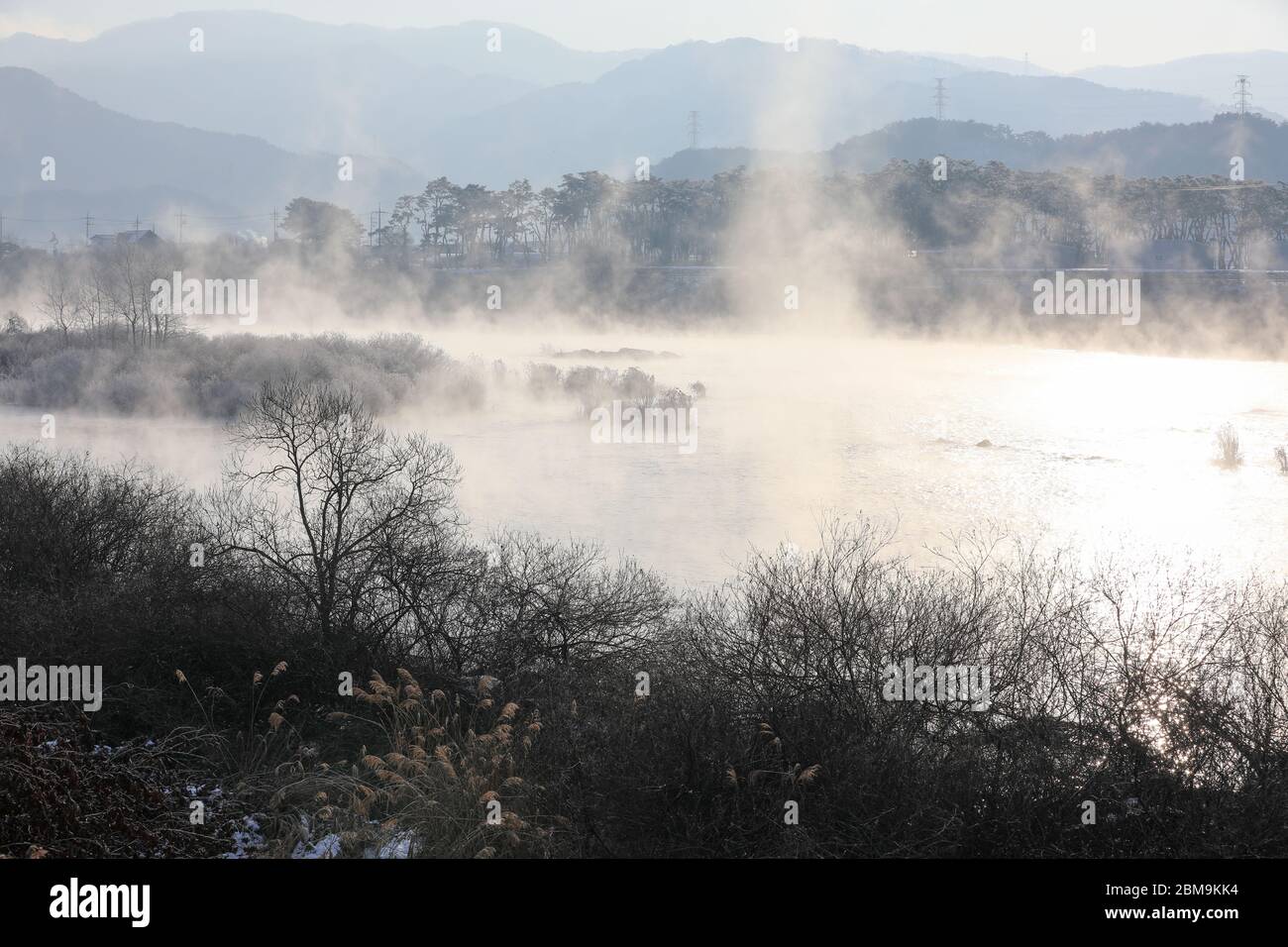 Inverno mattina paesaggio di acqua fiume nebby. Fiume Sohang, Chuncheon City, Corea Foto Stock