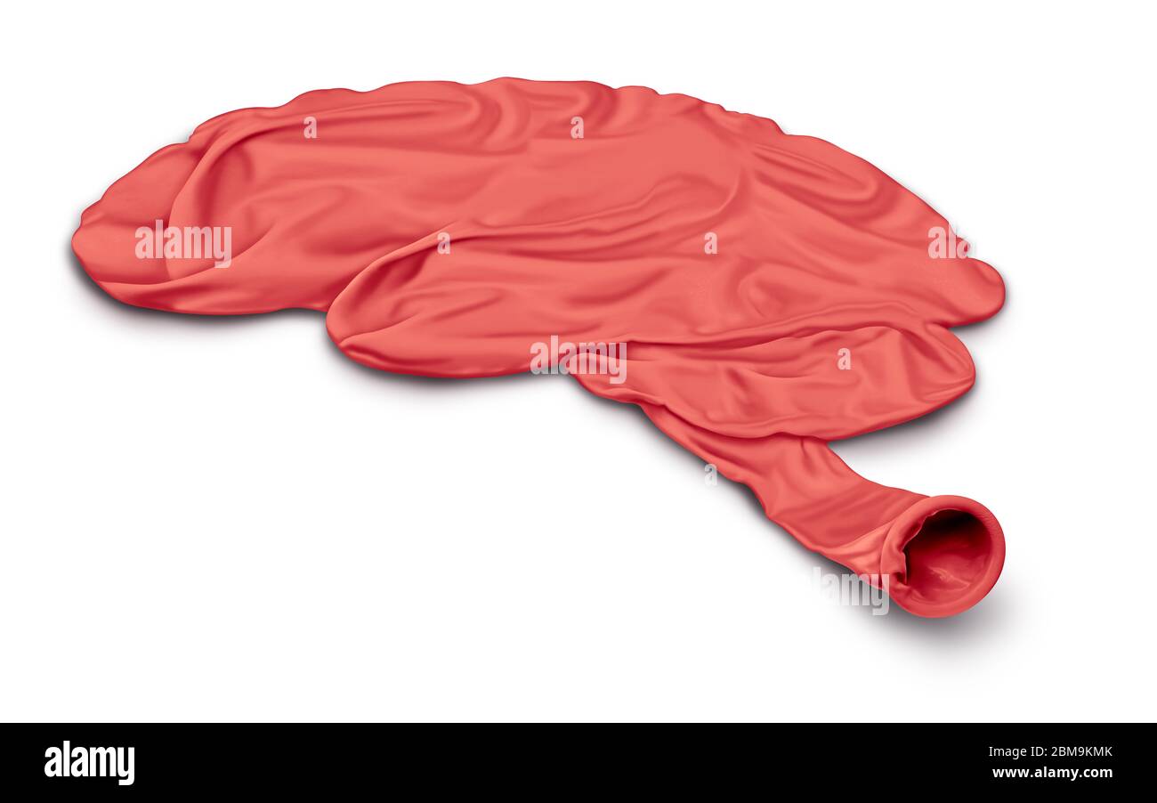 Concetto di perdita cerebrale e perdita di memoria o malattia di demenza e funzione cognitiva in declino con un organo pensante umano modellato come un palloncino sgonfio. Foto Stock