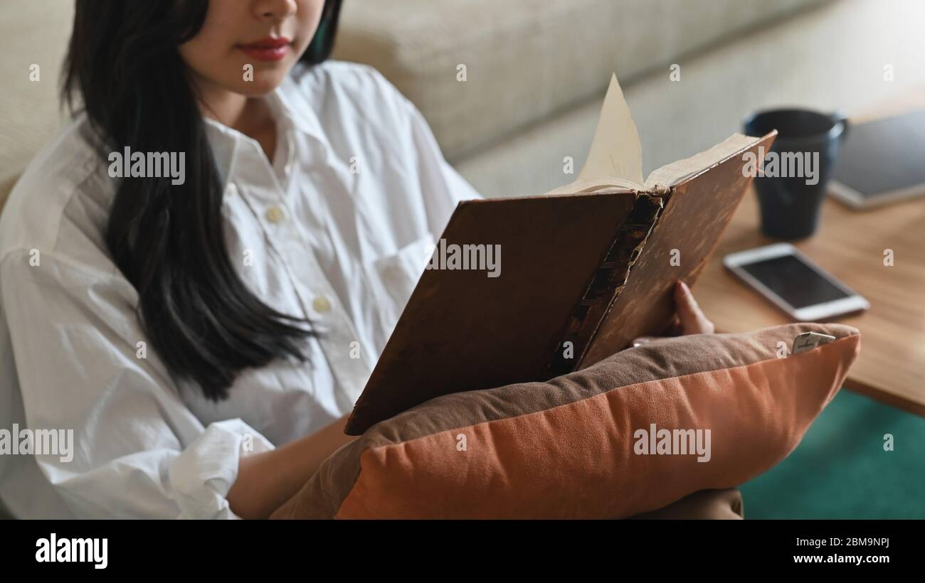 Primo piano bella donna rilassante / leggere un libro sulla sua vacanza mentre si siede / sdraiato sul divano su comodo salotto come sfondo. Foto Stock