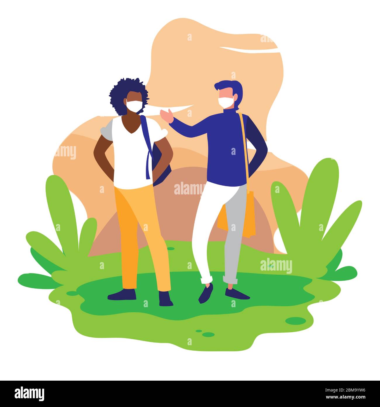 Avatar uomo con maschere fuori dal disegno del tema del virus Covid 19 illustrazione vettoriale Illustrazione Vettoriale