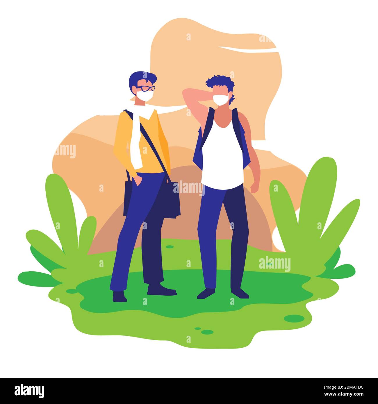 Avatar uomo con maschere fuori dal disegno del tema del virus Covid 19 illustrazione vettoriale Illustrazione Vettoriale