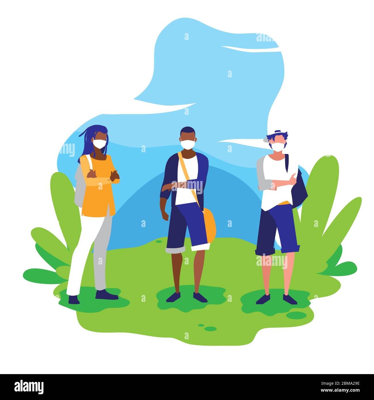 Avatar uomo con maschere fuori dal disegno del tema del virus Covid 19 illustrazione vettoriale Illustrazione Vettoriale