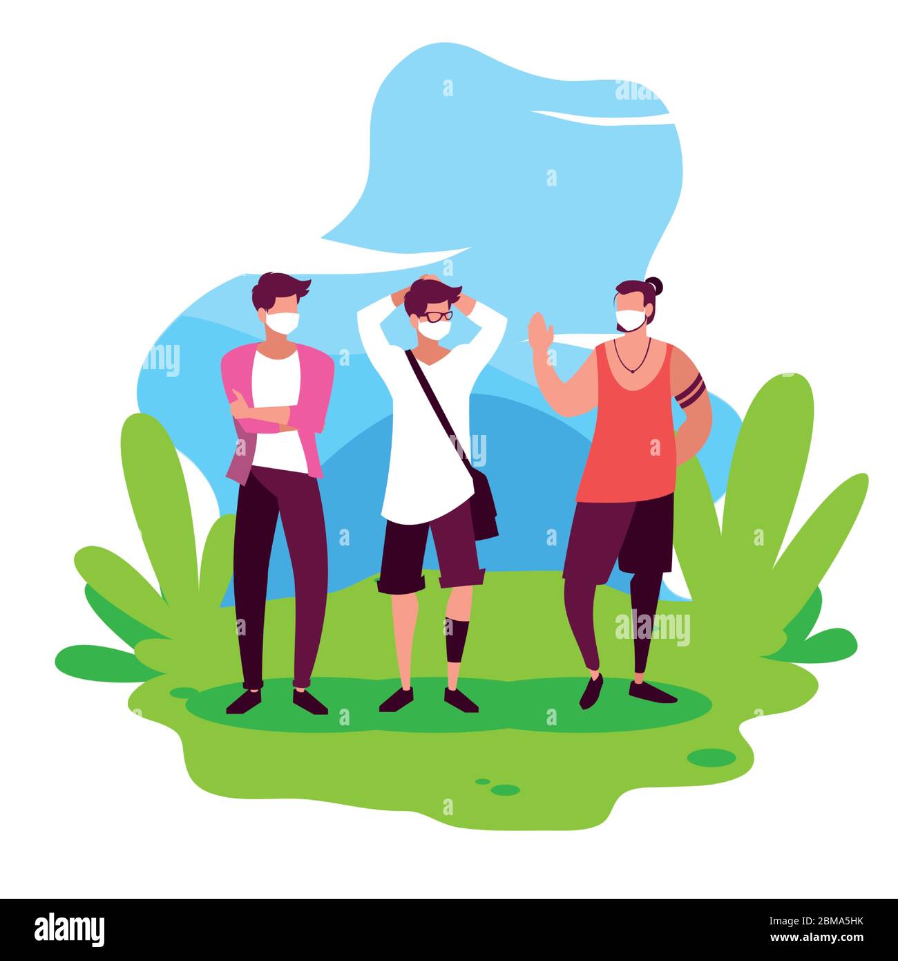 Avatar uomo con maschere fuori dal disegno del tema del virus Covid 19 illustrazione vettoriale Illustrazione Vettoriale