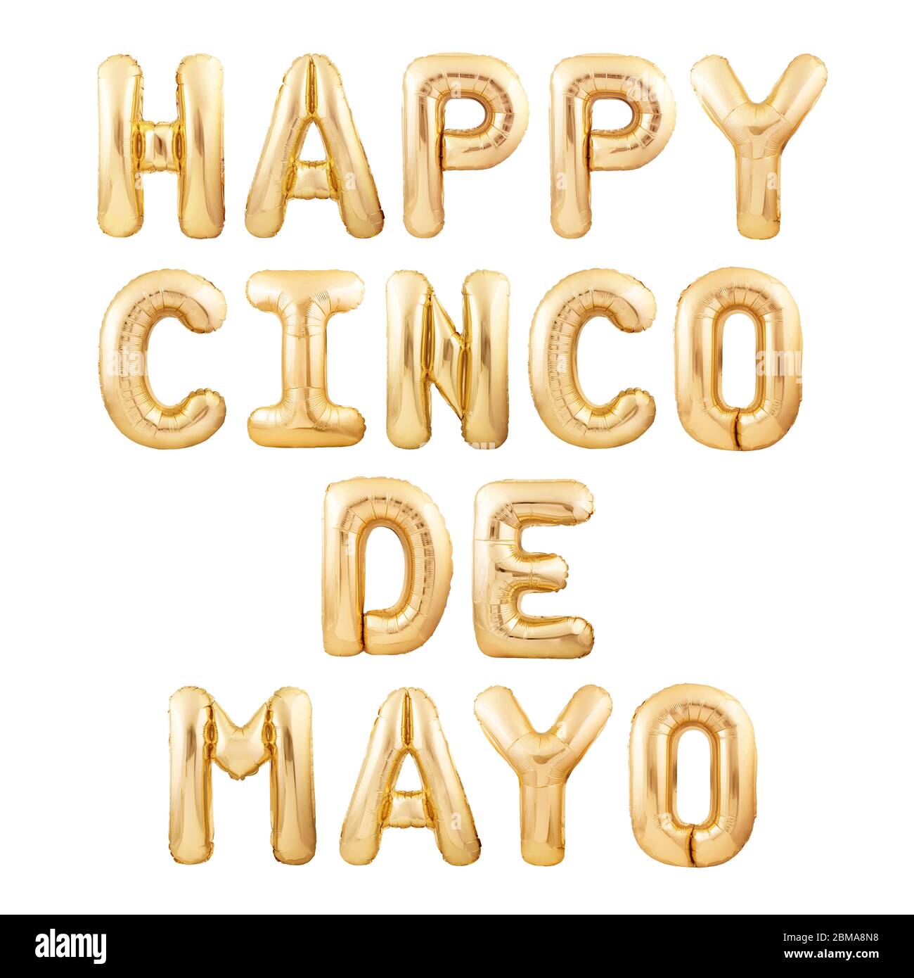 Happy Cinco de Mayo messaggio fatto di palloncini gonfiabili dorati isolati su sfondo bianco Foto Stock