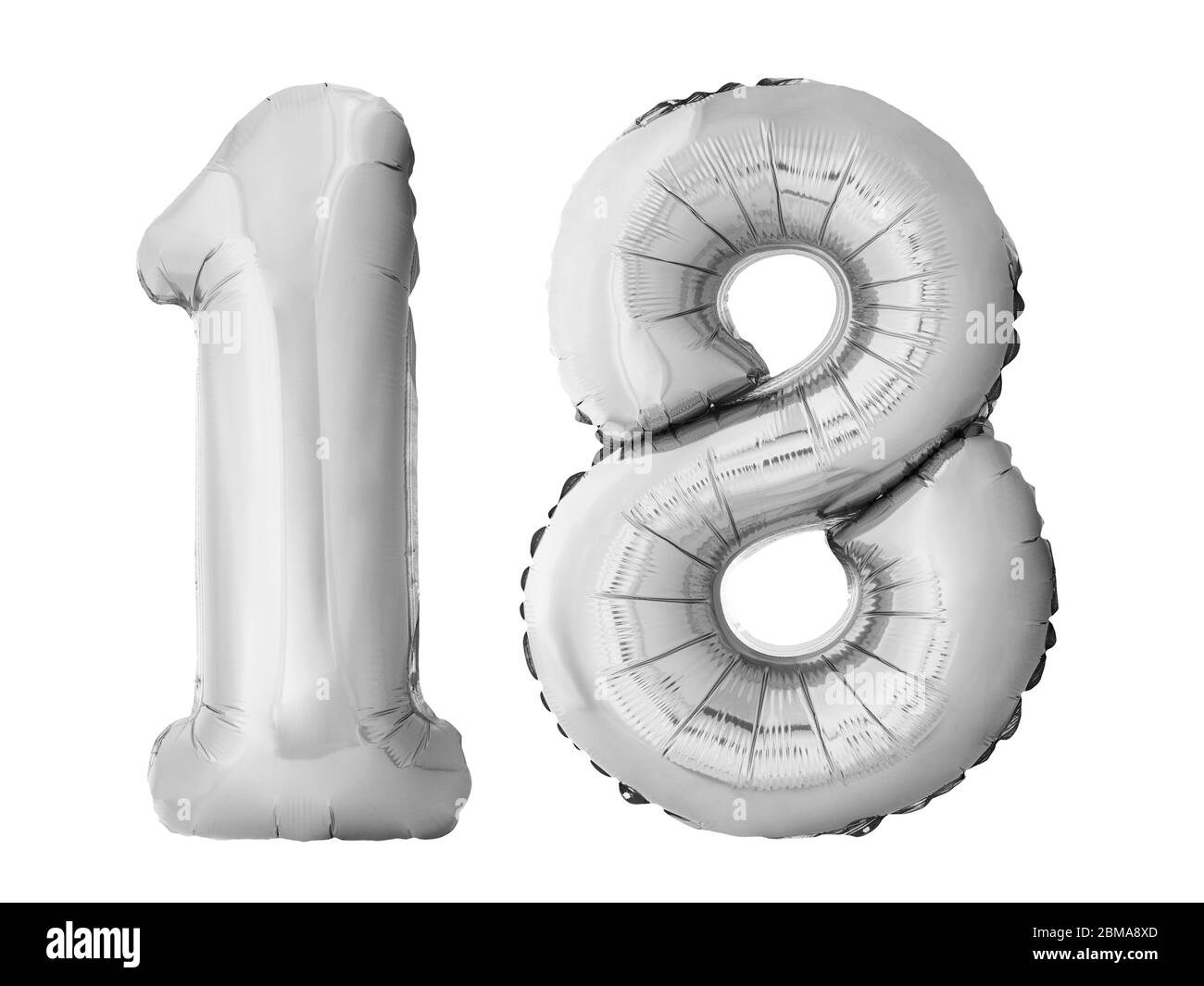 Numero 18 diciotto fatto di palloncini gonfiabili in argento isolati su sfondo bianco Foto Stock