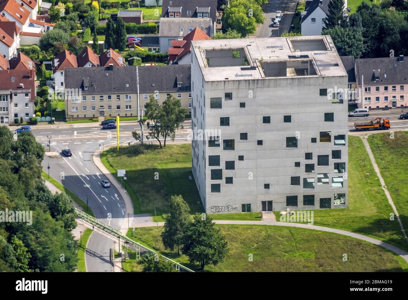 , Folkwang University of Art - edificio SANAA a Essen, 14.08.2017, vista aerea, Germania, Renania settentrionale-Vestfalia, Area della Ruhr, Essen Foto Stock