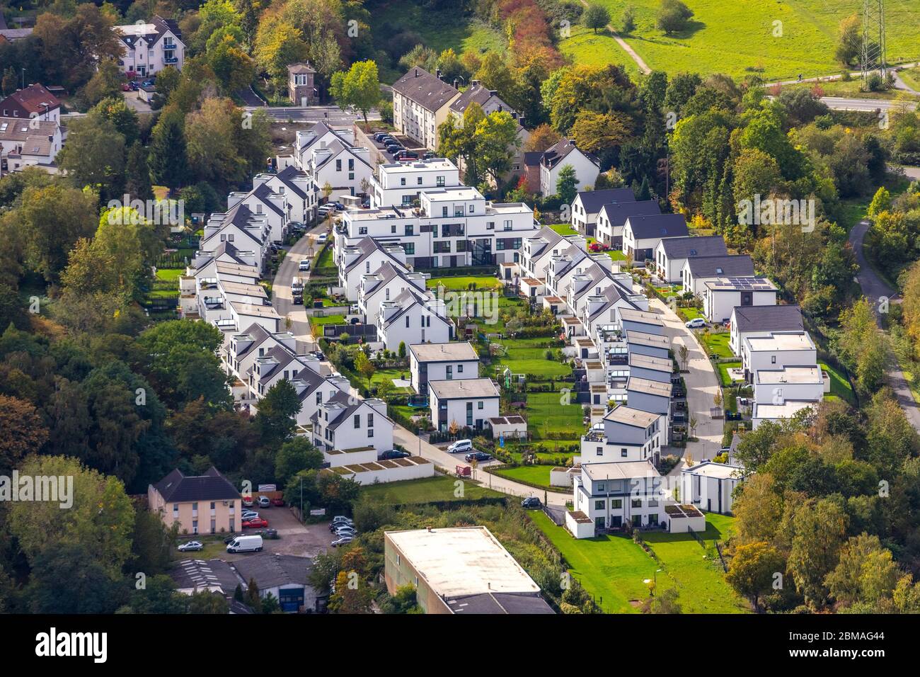 Nuova casa di proprietà Mark'scher Bogen an der Holtbruegge, distretto Weitmar, 27.09.2019, vista aerea, Germania, Nord Reno-Westfalia, Ruhr Area, Bochum Foto Stock