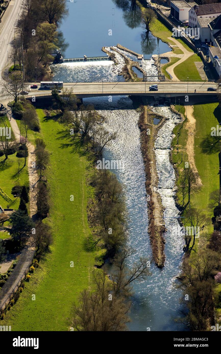 , sbarramento Lennewehr a Hohenlimburg sul fiume Lenne, 27.03.2017, vista aerea, Germania, Renania settentrionale-Vestfalia, Area della Ruhr, Hagen Foto Stock