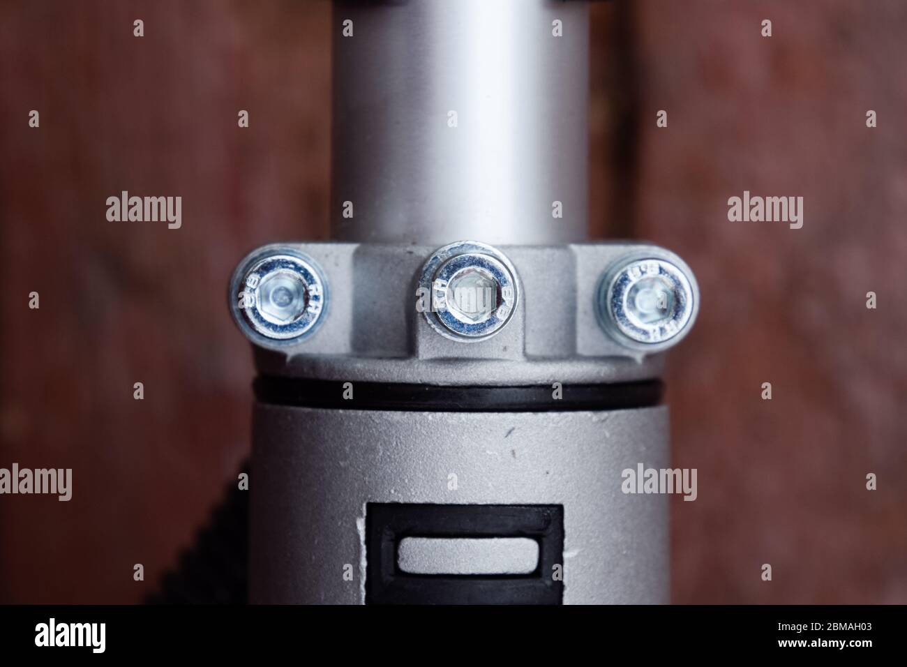 Dispositivi di fissaggio per la costruzione di trimmer a gas. Bulloni e viti sul corpo del trimero. Trimmer Gascosi con una foglia per falciare erba e arbusti. Foto Stock