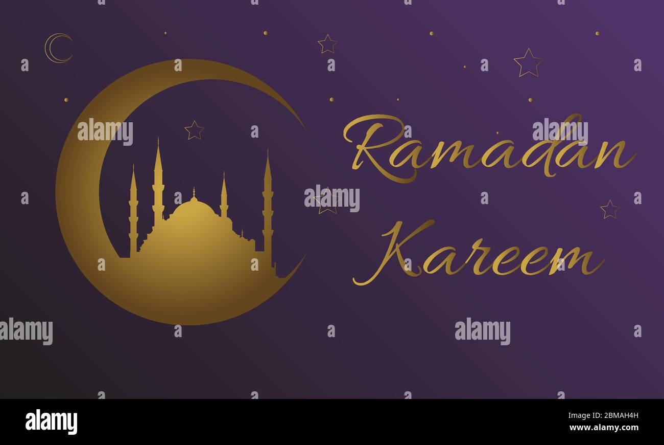 Messaggio Ramadan Kareem con silhouette blu moschea in mezzaluna su sfondo viola. Modello islamico Illustrazione Vettoriale