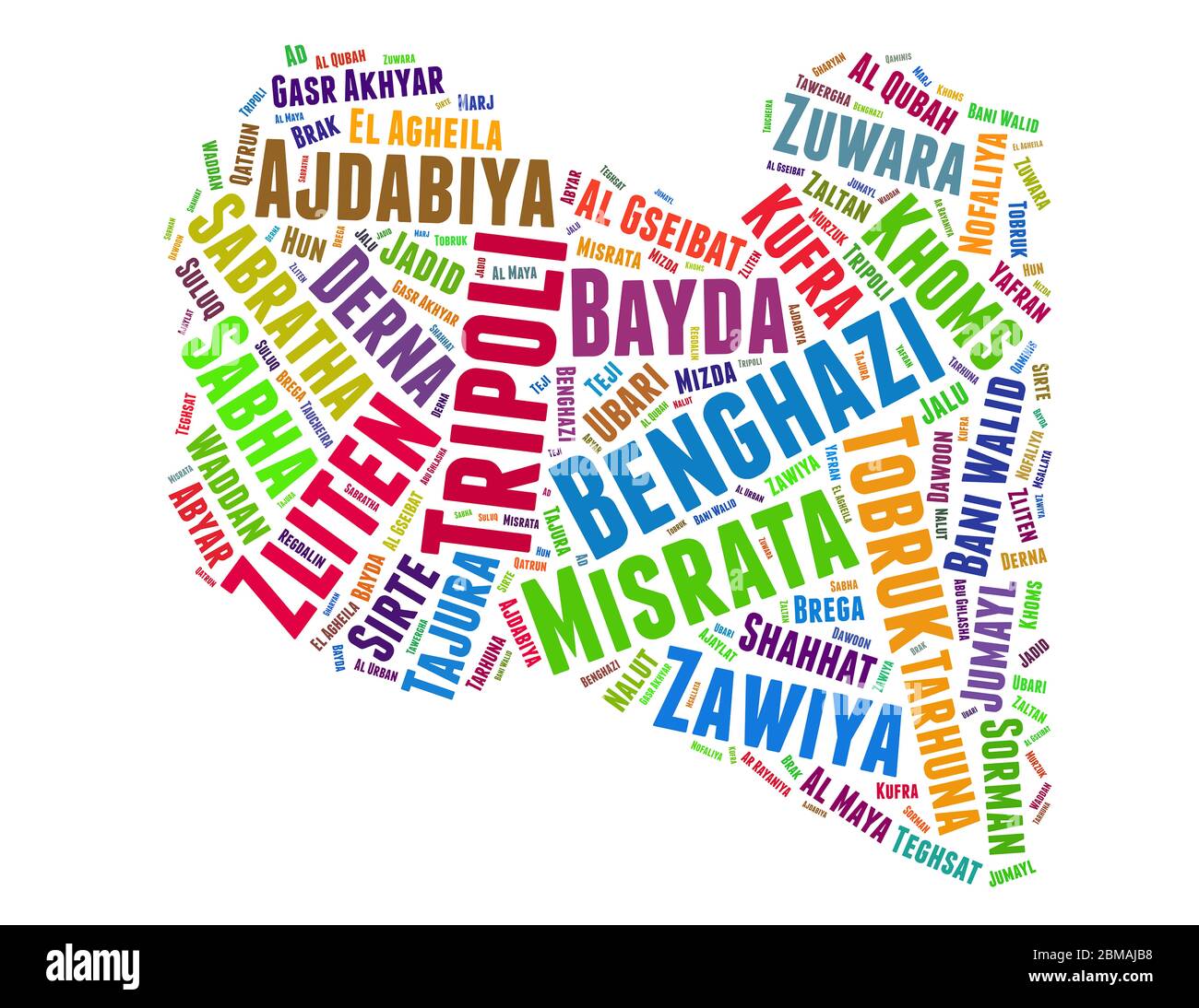 Libia mappa e lista delle città parola cloud concetto su sfondo bianco. Foto Stock