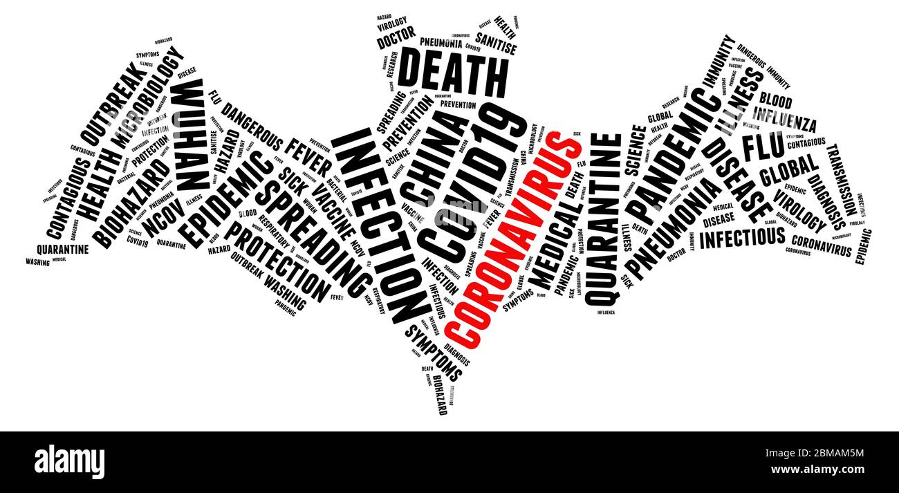 Coronavirus bat forma nuvola parola su sfondo bianco. Foto Stock