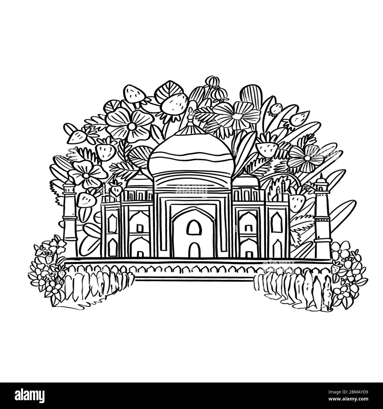 Illustrazione schizzo colore nero Taj Mahal per colorare libri tra piante e fiori su uno sfondo bianco isolato. Foto Stock