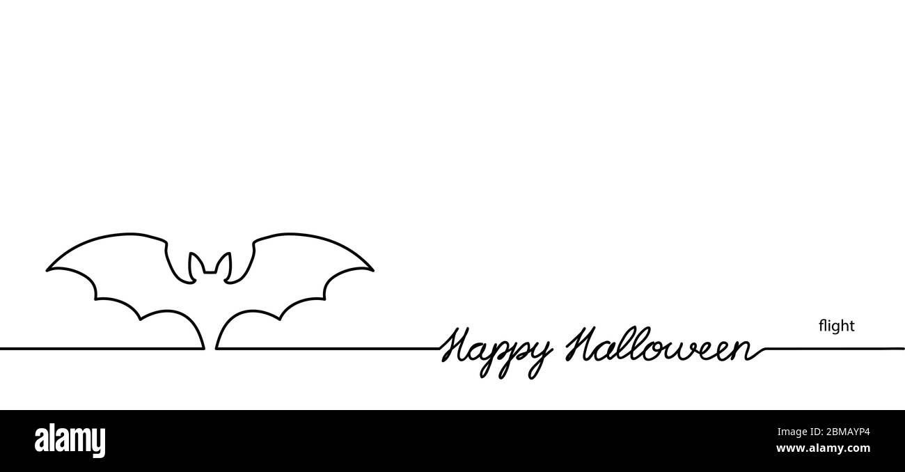 Illustrazione vettoriale del pipistrello con lettere Happy Halloween. Uno sfondo di disegno a linea continua, banner, illustrazione. Volo in Halloween bianco e nero Illustrazione Vettoriale