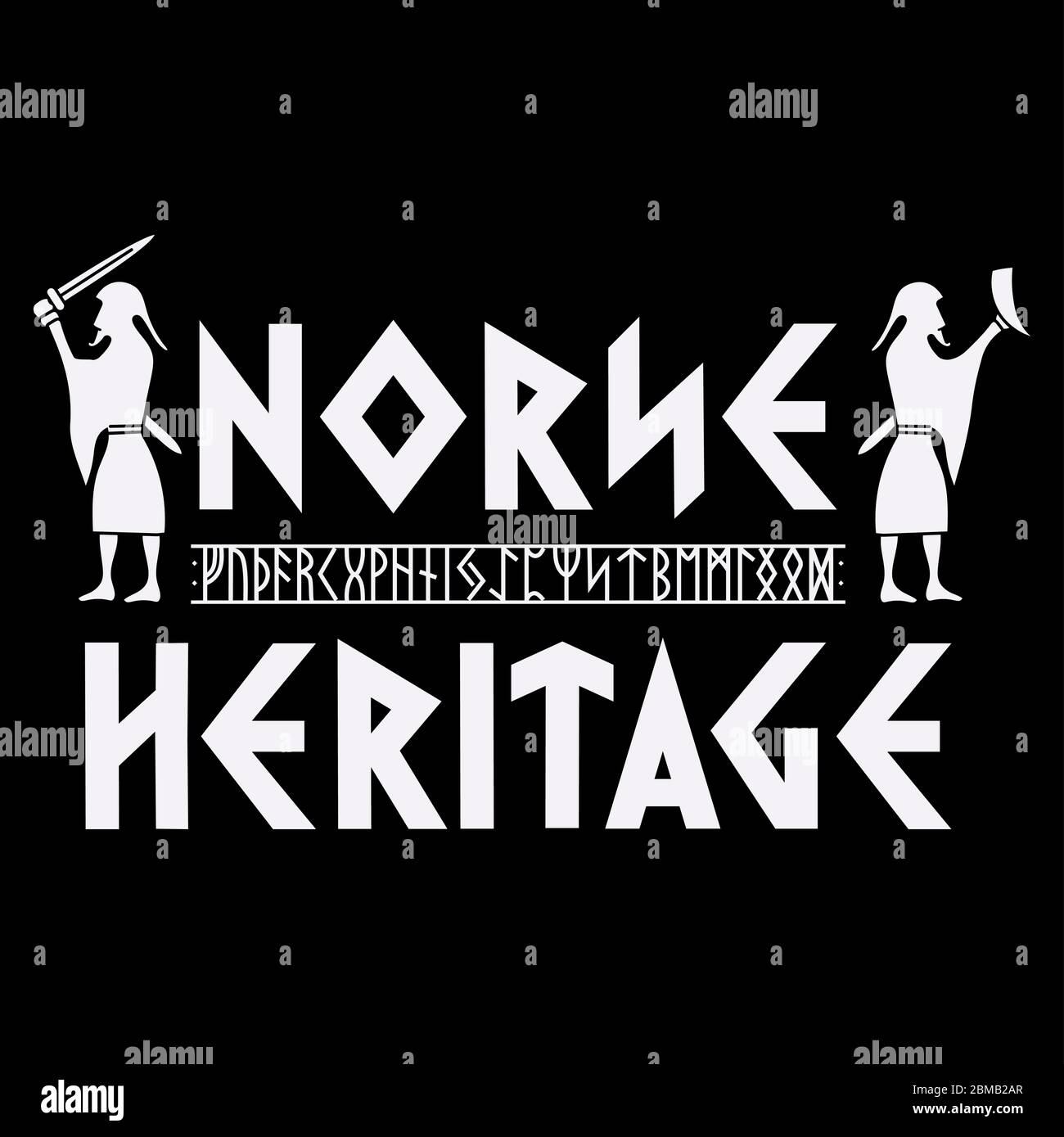 Design scandinavo con guerrieri vichinghi, rune settentrionali e testo disegnato a mano. Illustrazione Vettoriale