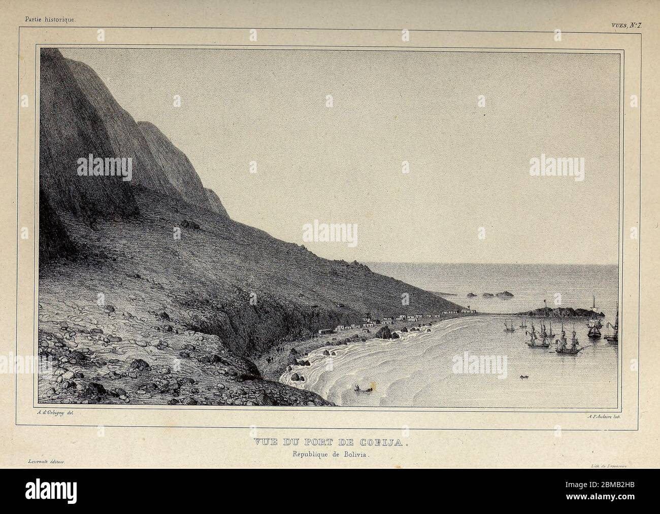 Paesaggio disegnato a mano del porto marittimo del Pacifico di Cobija, Bolivia (nel 1904 fu annesso dal Cile) [Vue du Port de Cobija. République de Bolivia]. Dal libro "Voyage dans l'Amérique Méridionale" [viaggio in Sud America: (Brasile, repubblica orientale dell'Uruguay, Repubblica argentina, Patagonia, repubblica del Cile, repubblica di Bolivia, repubblica del Perù), eseguito negli anni 1826 - 1833] 3° volume di: Orbigny, Alcide Dessalines d', d'Orbigny, 1802-1857; Montagne, Jean François Camille, 1784-1866; Martius, Karl Friedrich Philipp von, 1794-1868 pubblicato Parigi :Chez Pitois-le Foto Stock