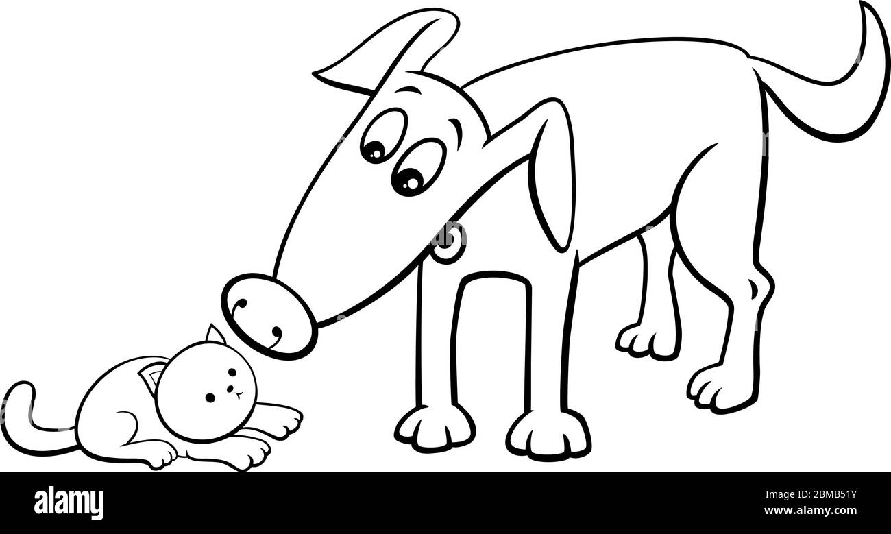 Cartoon bianco e nero Illustrazione di Funny Dog e Little Kitten libro da colorare pagina Illustrazione Vettoriale