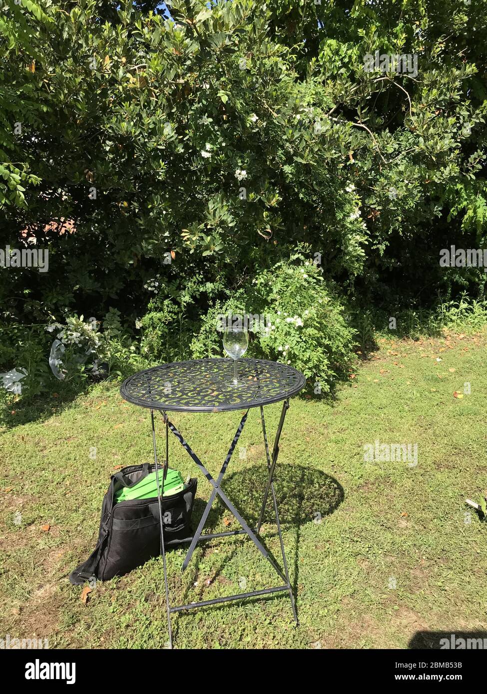 Lavori in corso in giardino - un bicchiere vuoto su un tavolino da giardino e una borsa portautensili aperta sul prato Foto Stock