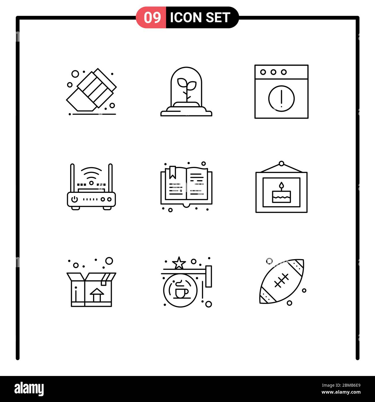 Gruppo di 9 delinea segni e simboli per hobby, lettura, mac, libro, elementi di progettazione vettoriale editabili su Internet Illustrazione Vettoriale