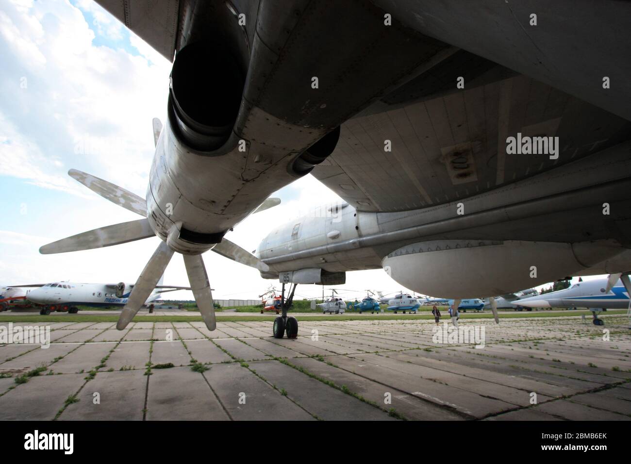 Vista di un motore turboelica Kuznetsov NK-12 con eliche controrotanti montate su un 'Orso' Tupolev Tu-142, Zhulyany Ukraine state Aviation Museum Foto Stock