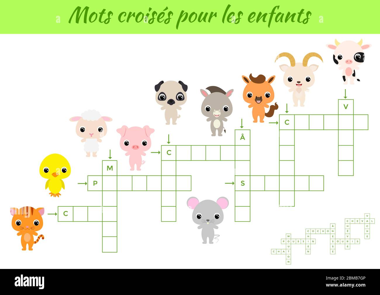Mots croisés pour les enfants - Parola d'ordine per bambini. Foglio di lavoro attività versione stampabile a colori. Gioco educativo per studiare le parole francesi. Illustrazione Vettoriale