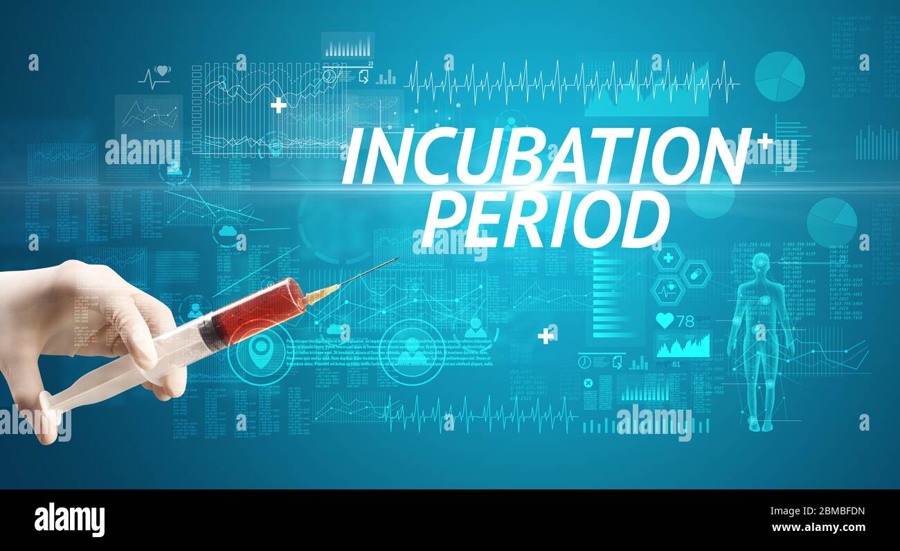 Ago siringa con vaccino virale e iscrizione DEL PERIODO DI INCUBAZIONE, concetto antidoto Foto Stock