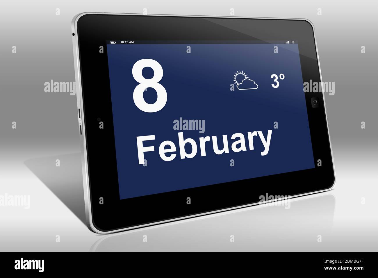 Un tablet visualizza un calendario in lingua inglese con la data 8 febbraio | Ein Tablet-computer zeigt in Englischer Sprache den 8. Febbraio Foto Stock